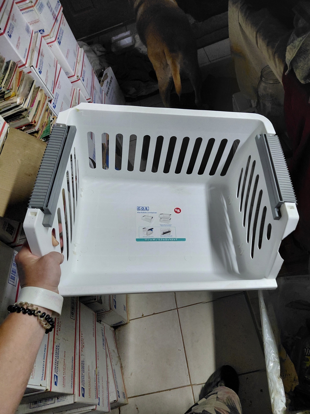 C.O.S. White Stackable Container Basket with an open-front design